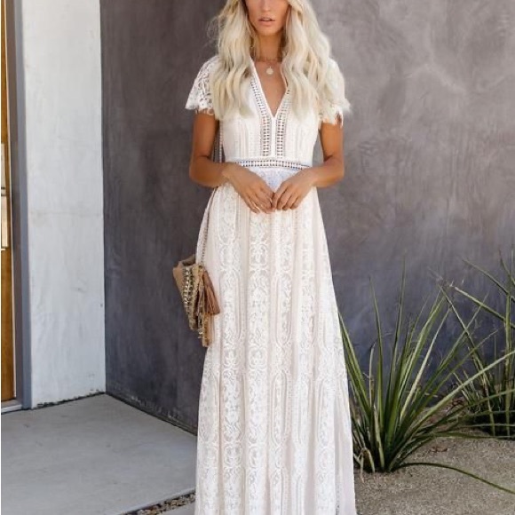 Lace Trim White Top With Maxi Skirt Set In Cream